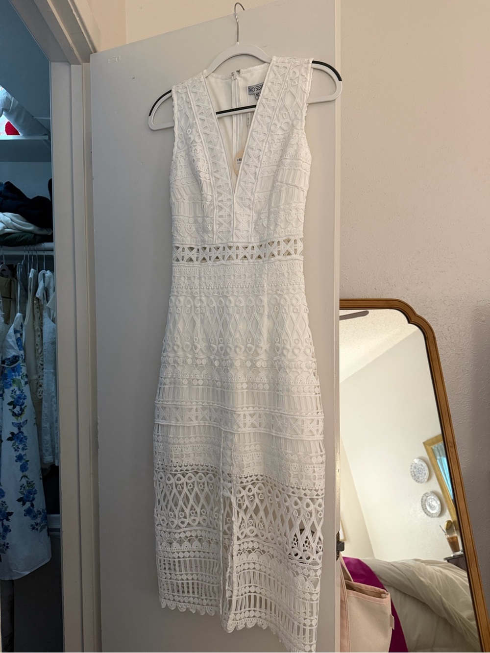 White Lace V-Neck Midi Dress